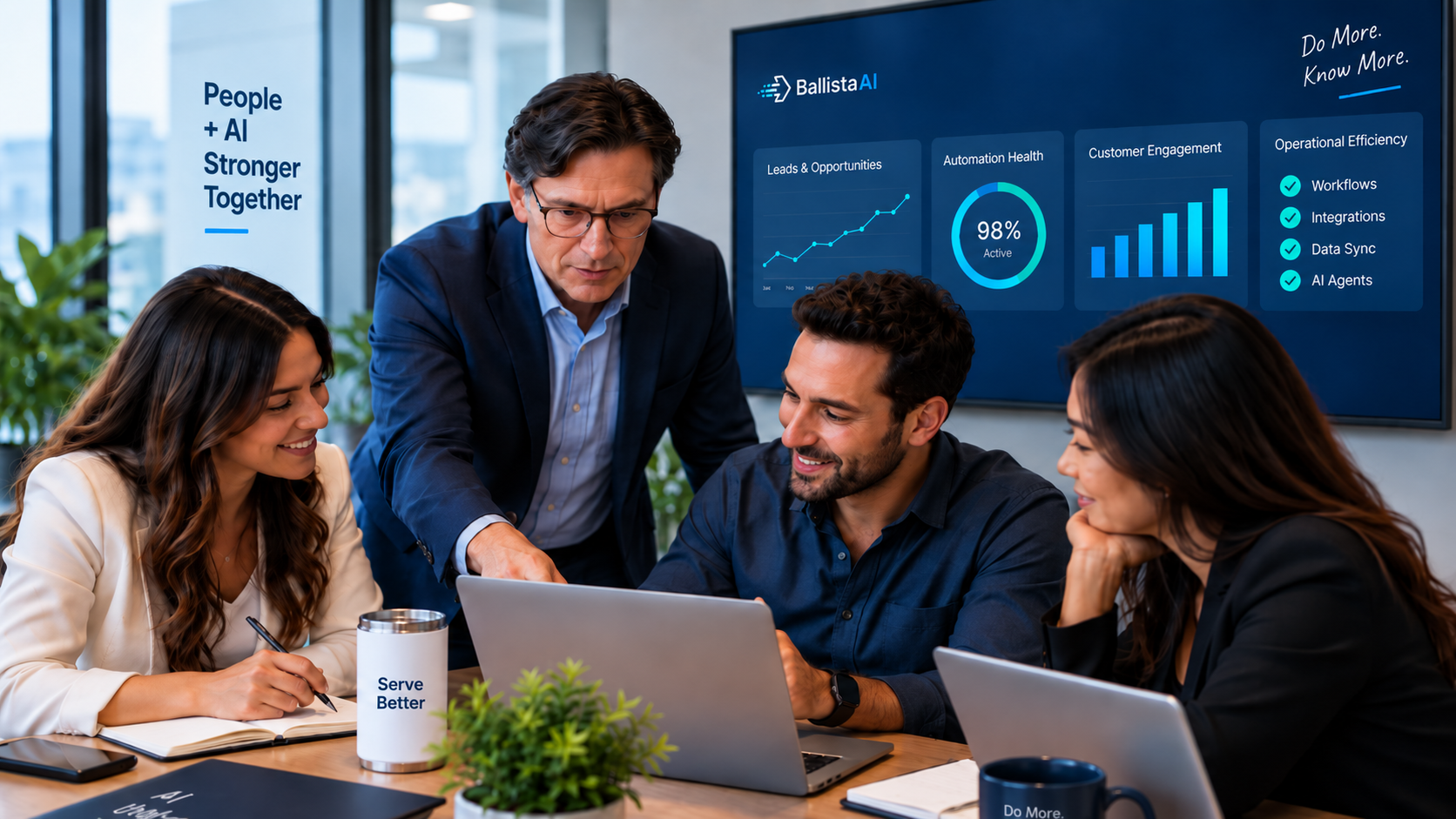 BallistaAI collaborating with a business team while reviewing AI, automation and business performance together.