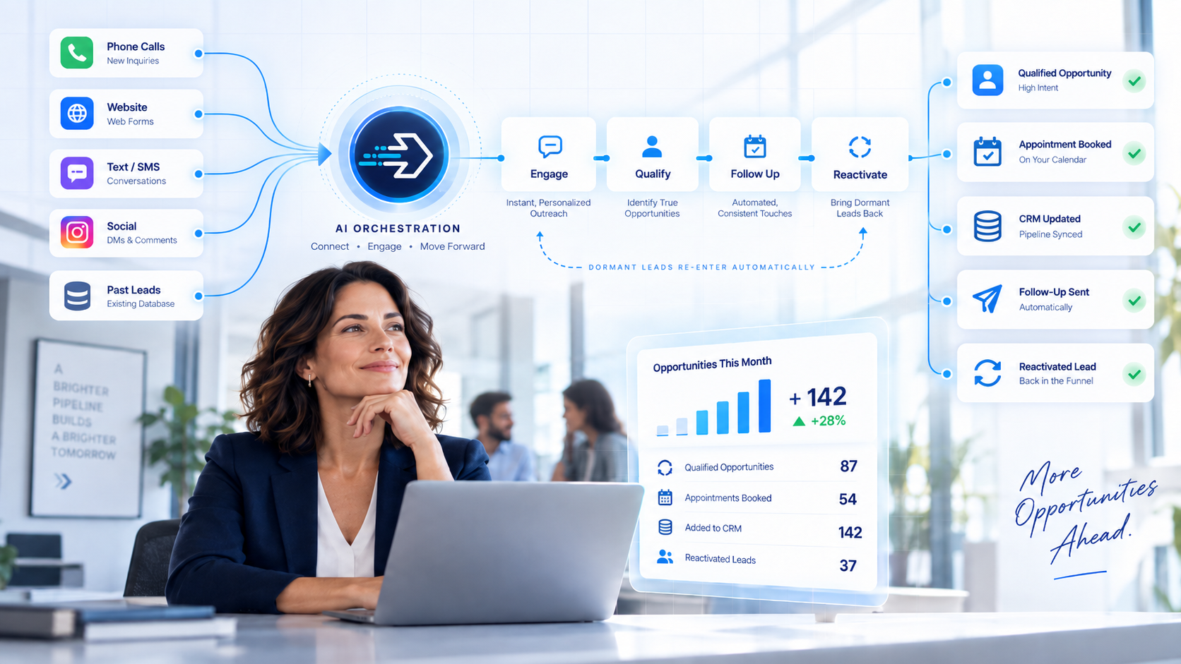 BallistaAI Growth Systems orchestrates phone, web, text, social and past-lead demand into engagement, qualification, follow-up, reactivation and CRM pipeline movement.
